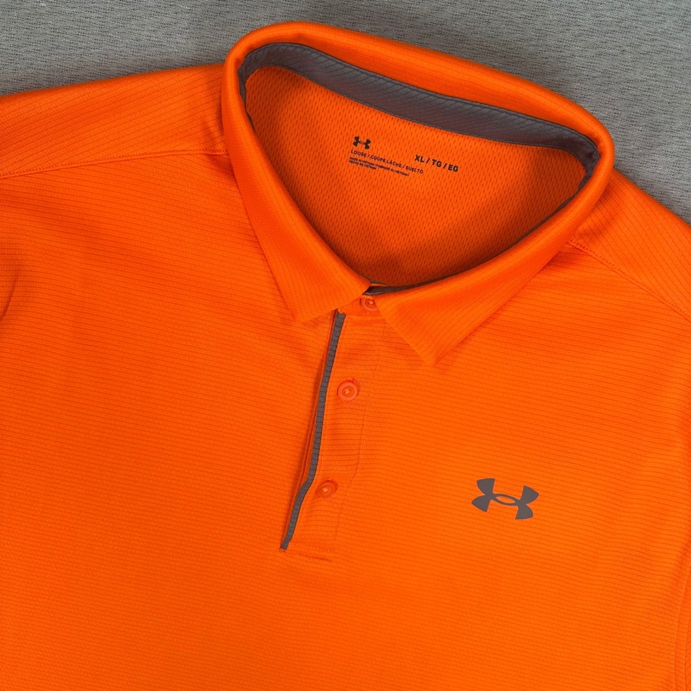 Under Armour Polo Shirt Mens XL Loose Fit Orange Solid Short Sleeve Performance
